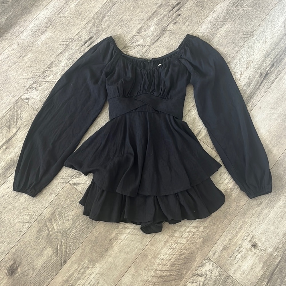 Altar’d State Lola Crossover Romper Color: Black polka dot Size: XS